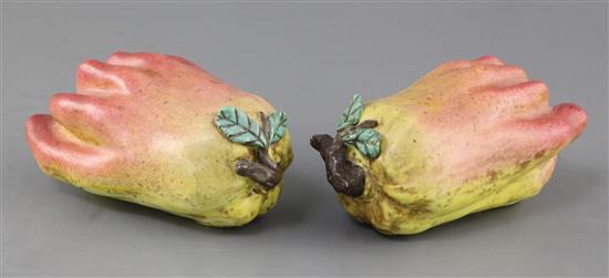 A pair of Chinese enamelled porcelain models of finger citrons, 19th century, 17.5cm
